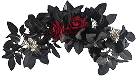 Atroy Halloween Schwarze Blume Girlande Künstliche Schwarze Rose Sonnenblumen Tür Swag mit schwarzen Eukalyptus Blättern Blumen Swag für Halloween Tür Wand Party Dekoration, a2