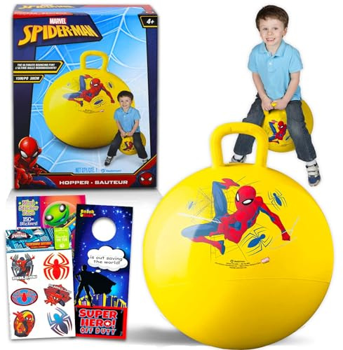 Marvel Spiderman Hopper Ball Bundle - Includes Spiderman 15 Hopper Ball, 300+ Spiderman Stickers, and Additional Door Hanger | for Boys and Girls Outdoor Activities, Parties