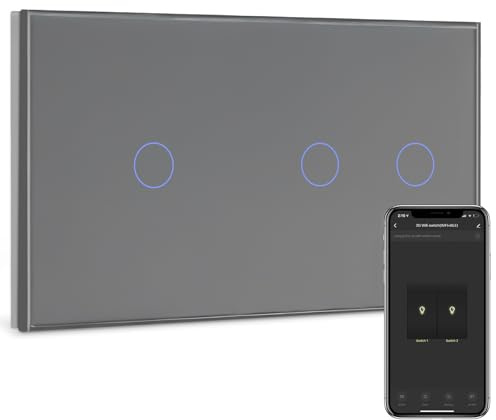 BSEED WIFI väggbrytare, 2 brytare, 1-vägs + 1 x brytare, 1-vägs, kompatibel med Alexa, Google Home, APP-styrning och timerfunktion, grå pekskärm, neutralledare krävs