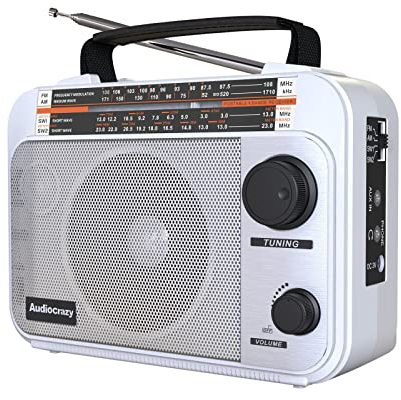 Audiocrazy Radio Portatile AM/FM/SW1-2 Multibanda Radio con Batteria Ricaricabile da 1800 mAh, Cavo AC o Radio FM Portatile a Pile, Altoparlanti，Jack Per Cuffie, Ingresso AUX Bianco
