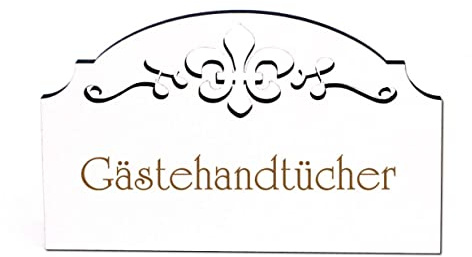 DEKO-LANDO Gästehandtücher Schild Holz selbstklebend Ornamente Türschild weiß Vintage Gast Türdeko 15,5 x 9,5 cm, 15,5 x 9,5 x 0,5 cm