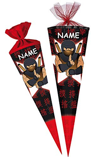 Schultüte - Ninja Kämpfer - Samurai - 100 cm - 12 eckig - incl. Name - Tüllabschluß - Zuckertüte - mit/ohne Kunststoff Spitze - Nestler - Jungen Junge - Fig..