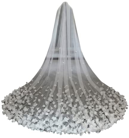 WQTR Schleier Braut 3D-Blumen-Blumenspitzen-Brautschleier, Langer Hochzeitsschleier, weißer, luxuriöser Schleier für die Braut mit Kammkathedrale Kathedrale