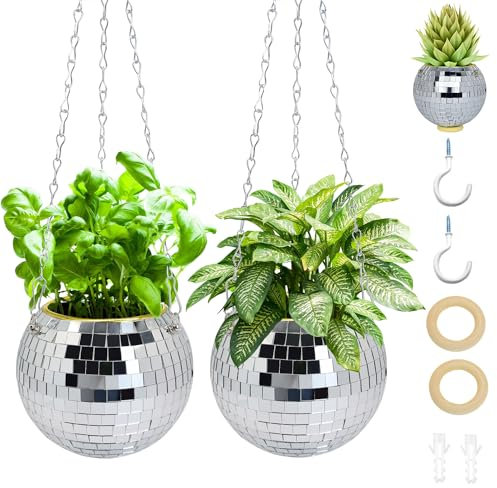 Tialero Discokugel-Pflanzgefäß, 15,2 cm / 20,3 cm, Disco-Pflanzgefäß mit Kette zum Aufhängen, Haken und Ringständer, Discokugel-Pflanzenhänger für Innen- und Außenpflanzen, Hängepflanzenhalter (2