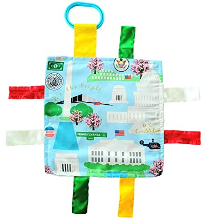 Baby Jack & Co 8x8' Learning Lovey Washington DC Tag Toys for Babies - Crinkle Toys - Soft & Safe - Learn USA Cities and Shapes - Ideal Baby Toy & Gift BPA Free w/Stroller Clip