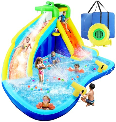 ROOJER Crocodile Inflatable Water Slide for Kids Backyard 8-in-1 Blow Up Wet & Dry Bounce House Water Park with Blower, Splash Pool, Climbing Wall, Double Cannons for Indoor Outdoor Party Fun Ages 3-8