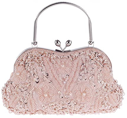 Egurs Abendtasche Damen Elegant Handtasche Vintage Perlen Pailletten Clutch Handtasche Schultertasche Abschlussball Taschen Brauttasche Hochzeit Braut Party Zubehör Champagner