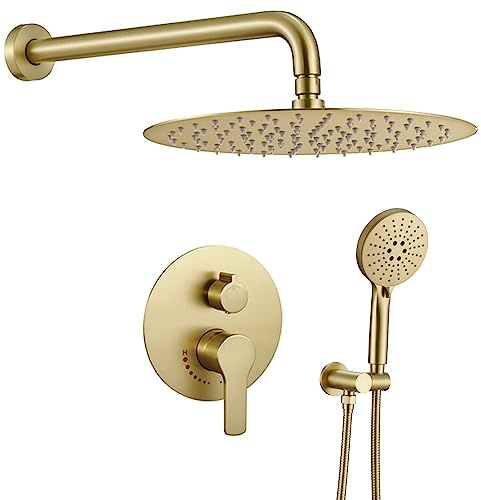 Brushed Gold Shower System 12 Inch Shower Faucet Set for Bathroom, High Pressure Gold Rain Shower Head with Handheld Spray, Rainfall Brushed Gold Shower Fixtures