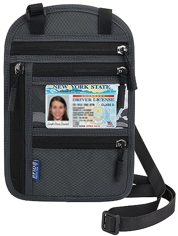 Reise-Halsgeldbörse mit RFID-Blockierung für Damen und Herren, Reisepasshülle, Diebstahlschutz, schmaler Brustbeutel, grau dunkel, One Size