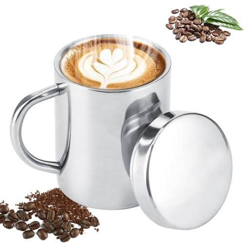Tomotato Tazas de Café de Acero Inoxidable, Taza de Café de Doble Pared Taza de Té de Viaje con Tapas y Asa Para Viaje, Casa, Oficina(300ml)