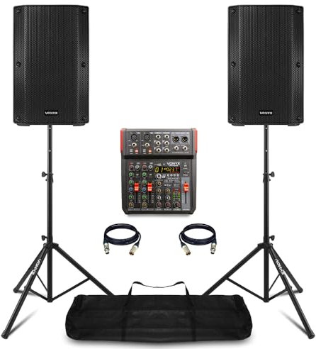 VONYX Complete Active Vocalist PA System with Two 10 Bluetooth Speakers, 6-Channel Mixer USB Audio Interface, Tripod Stands and XLR Cables - Ideal for Live Singing, Events & DJs, 1000W