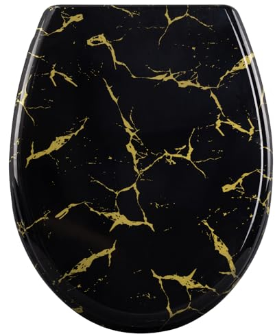 WOLTU Toilettendeckel mit Absenkautomatik, schwarzer WC Sitz mit goldenem Glitzer, Toilettensitz aus Duroplast, Klodeckel Klobrille, O Form, Montage von unten, 175 kg belastbar