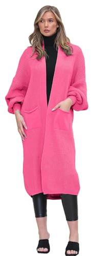 Grunge Wear® Women Knitted Open Front Slouchy Balloon Sleeve Long Cardigan - Ladies Maxi Knitted Puff Sleeve 2 Pocket Cardigan Boyfriend Sweater Top Plus Size 8-18