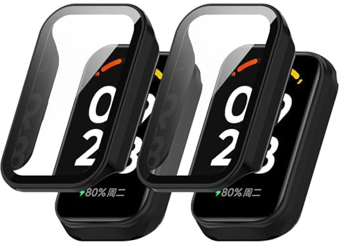 HeeYeal [2 Pack Funda para Xiaomi Smart Band 8 Active/Redmi Smart Band 2/Amazfit Band 7, con Cristal Templado Protector de Pantalla, PC Carcasa Protectora para Xiaomi Mi Band 8 Active -Negro + Negro