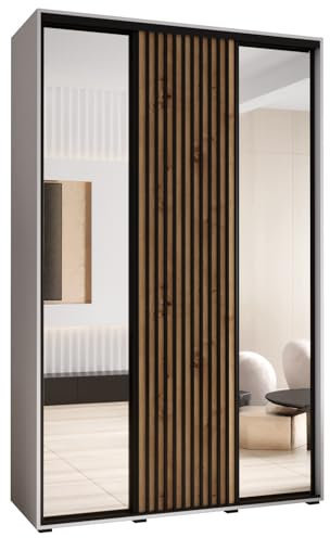 MEBLE KRYSPOL Lanko 2 Schrank mit DREI Schiebetüren mit Spiegel, Stange, Regalen - Moderner Aufbewahrungsschrank für Schlafzimmer, Wohnzimmer - 235,2x150x45 cm - Weiß Artisan Schwarz