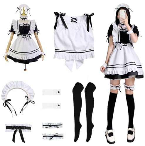 MeYuxg Maid Outfit, Anime French Maid Dress, halloweenkostym damer, söt tjejkostym med förkläde benringar svarta strumpor, svart kostym svart, storlek L