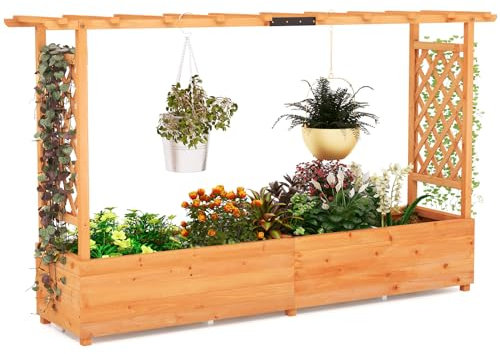 COSTWAY Jardinière avec 2 Treillis Latéraux Toit Suspendu en Bois de Sapin avec Trou de Drainage, Lit de Jardin Surélevé pour Plante Grimpante Résistance aux Intempéries, 200 x 44 x 114 cm, Orange