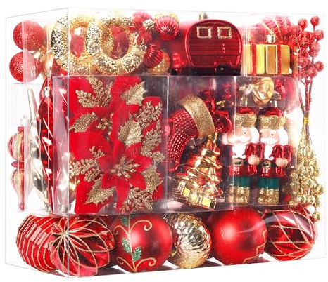 SHareconn 135pcs Christmas Tree Decorations Set, Shatterproof Plastic Christmas Baubles, Decorative Balls with Lanyards for Xmas Tree Decor Holiday Wedding Party, Red and Gold