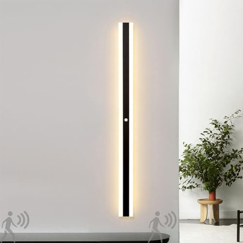 LED Lang Außen Innen Außenlampe mit Bewegungsmelder Moderne Wandleuchte Acryl Eisen IP65 Wasserdicht Wandlampe Balkon Garten Außenwandleuchte schwarz Haustür Veranda Innenhof (Warmes Licht,100CM)