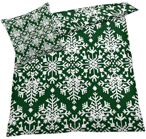 YELDAN Schneeflocke Bettwäsche 140x200 Winter, Grün Bettbezug 140x200 2er Set, Wendebettwäsche und Kissenbezug, Weiche & Atmungsaktive Mikrofaser Bettwäsche-Sets