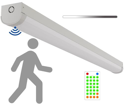 4FT Tri-Level Motion Sensor LED Linear Strip Stairwell Light with Remote, 2 Watt Selectable 20W/40W 2500lm/5000lm, 5000K, 100-277V, IP20, Dimmable 4 Foot Commercial LED Shop Ceiling Light Fixture, FCC