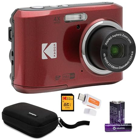 Kodak PIXPRO FZ45 Friendly Zoom Digital Camera (Red) Bundle with 32GB Memory Card, Travel Organizer and Storage Case, Alkaline Batteries, and SD Reader (5 Items)