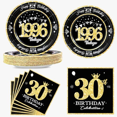 algpty 60 PCS Vintage 30th Birthday Plates and Napkins Set, 30th Birthday Decorations Black and Gold, Service for 30, 1995 Birthday Dessert Plates and Napkins Party Supplies for Men Women