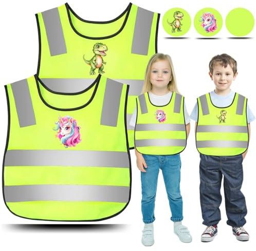 QIMMU Warnweste Kinder, 2PCS Sicherheitsweste, Kinder Warnweste Dino Einhorn, 360 Grad Reflektorweste für Schulweg, Radfahren, Laufen