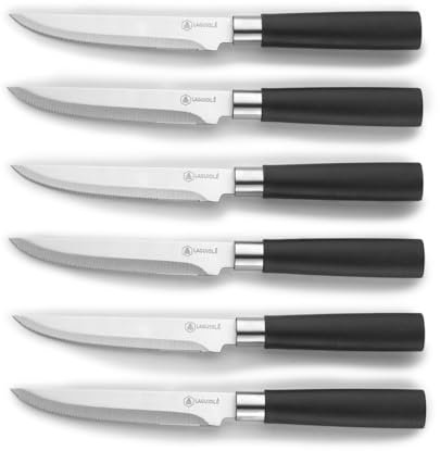 LAGUIOLE, Cuchillos para carne Simplié en acero 420J2, elegante diseño negro, 23,8 cm de largo, hoja de 12,5 cm, alta resistencia, fácil de mantener, ideal para todas las comidas, Negro