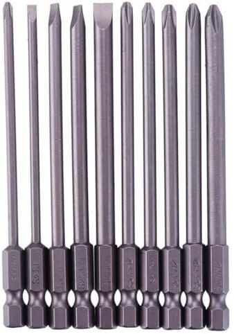 Juego de 10 Puntas de Destornillador Magnéticas Extralargas de Estrella y Ranura, Puntas Hexagonales de 1/4 de Pulgada, Destornillador Eléctrico para Montaje de Muebles (100 mm)