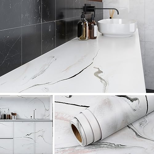 Livelynine Arbeitsplatte Folie Küche Hitzebeständig Folie Arbeitsplatte Küche Weiß Marmor 500CMx60CM Marmor Tapete Selbstklebend Badezimmer Wand Klebefolie Möbel Marmoroptik Hell Möbelfolie Schrank