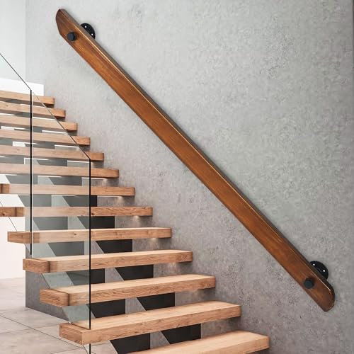 Wood Handrails, Indoor Non-Slip Staircase Handrail,Retro Rustic Wall Mount Railings Handrails, Home Loft Corridor Support Rod,Industrial Pipe Support, Easy to Install (Dark Wood, 2FT)