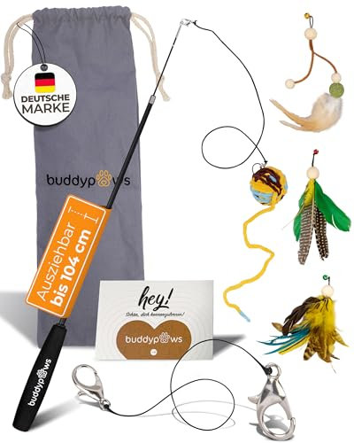 buddypaws® Katzenangel stabil – Interaktives Katzenspielzeug mit 4 Anhängern & Katzenminze – Ausziehbar 42-104 cm – Flexibles Glasfasermaterial – Katzenspielzeug Set mit Ersatzschnur – Katzenzubehör