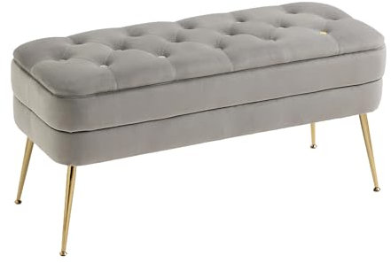 Ottomane mit Samtbezug, Polsterbank, mit goldfarbenen Beinen, Knopf, getuftete Fußstütze, Sofa für Wohnzimmer, Schlafzimmer, Hotel, rechteckig, dekorativer Tisch, Grau, 104 cm