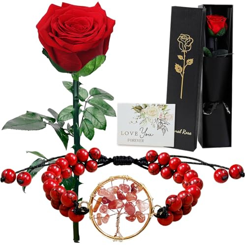 Rose Éternelle Rouge avec Tige - Fleur Préservée et Stabilisée,Un Vraie Petit Bouquet de Roses Cadeau Femme pour Saint-Valentin, Fête des Mères,Noël - Idée Cadeau pour Maman,Épouse, Petite Amie