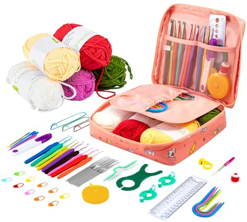 Trintion 61Pcs Crochet Hooks Set for Beginners Adults, Crochet Kit, Ergonomic Metal Crochet Hooks 2mm-6mm, Crochet Starter Kit with Wool and Needles, Accessories Color Random (Pink)