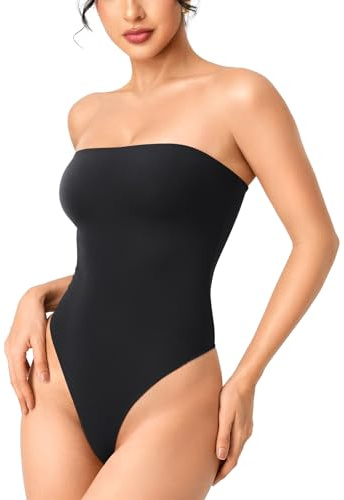 YEOREO Hyperflex Strapless Bodysuit Tube Top Off Shoulder Double Lined Thong Bodycon Slim Fit Summer Sexy Leotard Black-S