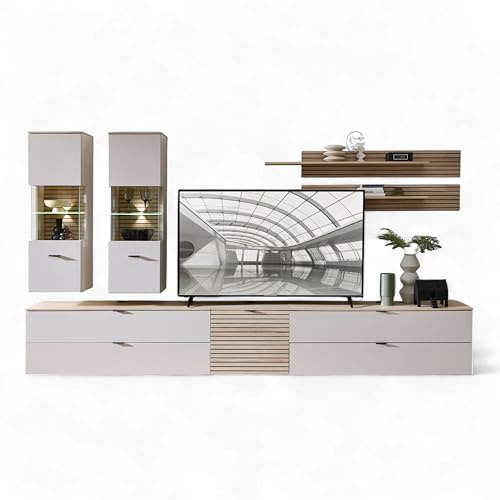INA Wohnwand Komplett-Set Kaschmir Riva Eiche Optik 7-teilig mit LED | 340 x 185 x 44 cm (B/H/T), FSC-zertifiziertes Holz, Lamellenoptik, schwarze Metallgriffe, Wohnzimmer Schrankwand