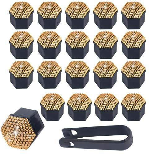 PTNKUIIY 21mm Auto Mutternabdeckungen Radmutterkappen -20 Stück Bling Diamant Sechskant-Reifen Muttern-abdeckungen Radmutter Kappe Mit Entfernung Werkzeug Radschraubenkappen Rad Mutter Cap -Gold