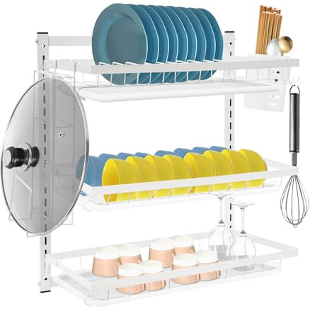 CuCummoo Égouttoir à vaisselle mural à 3 niveaux en métal avec porte-couteaux et couverts, en acier inoxydable, accessoires de cuisine, organisateur d'ustensiles, blanc
