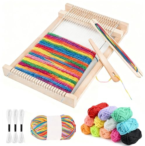 Shalwinn Webrahmen Kinder,Holz Webstuhl Set, Weben für Kinder von 4–12 Jahren, Ein Perfekter Schulwebrahmen für Schüler und Anfänger, Enthält Genug Garn zum Stricken
