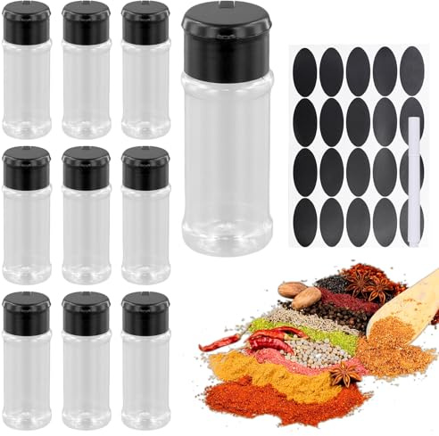 10 Stück Gewürzgläser,100ml Gewürzstreuer Kunststoff mit Etiketten,Stift,10,4x4cm Gewürzbehälter Leer Gewürze Organizer,GewüRzglasbehäLter Gewürzdosen Set,Klein Gewürzbox zur Aufbewahrung von Gewürzen