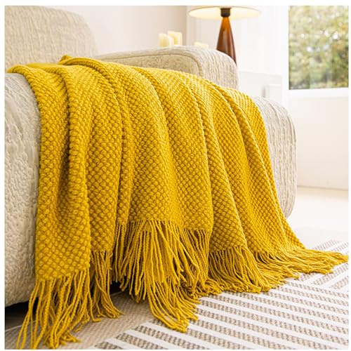 Decke Grob Gestrickte, Grobstrick Strickwolle Dickes Garn,Quaste Kuscheldecke Sofadecke Schlafdecke,Wohndecke Weich Strick,Für Sofa Gestrickte Bettüberwurf,Gelb,127x170cm/50x67in