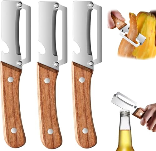 Multi-Functional Vegetable Peeler for Kitchen, Stainless Steel Multifunctional Peeler, Fruit Peelers, with Wooden Handle and Bottle Opener, for Fruit, Vegetable (3pcs)