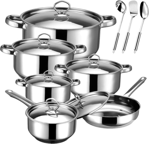 Hunnycook Stainless Steel Pot and Pan Set - 15Pcs Induction Hob Pots and Pans Sets, Includes 5 Pots and Saucepan with Lid, Frying Pan & 3 Kitchen Tools, Nonstick & Fixed Handles, PFOA Free
