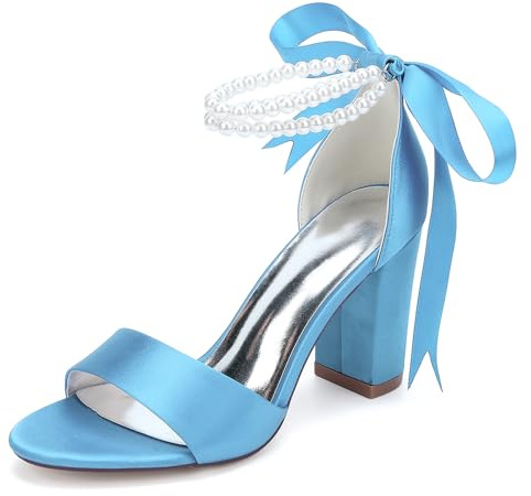 HFWXYSA Chaussures Femme Escarpins Mariage Talon Bloc Bride Cheville Perle Sandales Soirée Elégantes Satin pour Demoiselle Honneur