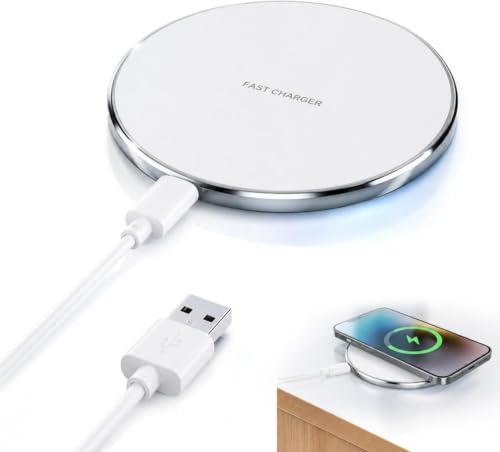 50W Wireless Charger Qi Charging Pad with USB C Cable White | Ultra slim phone charging mat for Qi enabled smartphones desk bedside office travel case friendly daily setup