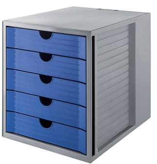HAN Schubladenbox SYSTEMBOX KARMA mind. 80% Recycling-Kunststoff mit 5 geschlossenen Schubladen, Schreibtisch, Schrank, inkl. Auszugsperre + Beschriftungsclip, Gummifüße, 14508-16, lichtgrau/blau