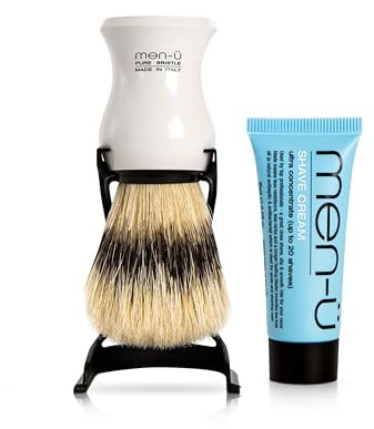 men-ü BARBIERE PURE BRISTLE SHAVING BRUSH (WHITE) – Traditional shaving brush set from Italy with pure bristles. A great introductory shaving brush. Includes 15ml SHAVE CREAM tube.