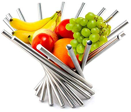 KWODE Obstschale Silber Belüftetes Edelstahl Obstschalen Metall Obstkorb Modern Design Obstschüssel ​für mehr Platz auf der Arbeitsplatte（38 x 38 x 34 cm